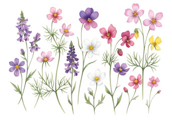 Watercolor wildflowers isolated on transparent background, perfect for spring designs