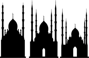 Mosque silhouette. Three mosque silhouettes on a white background.
