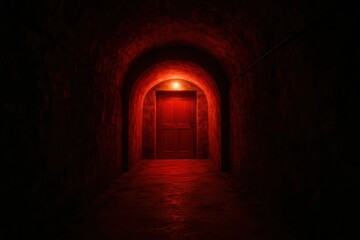 Step into the shadows of darkness, where the red door stands as a beacon in the abyss