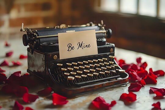 Vintage black typewriter with romantic note "Be Mine" surrounded by scattered red rose petals on wooden surface, creating nostalgic Valentine's Day atmosphere. - Powered by Adobe