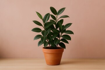 Fototapeta premium A lush green plant thrives in a rustic terracotta pot against a soft pink backdrop, embodying the serene beauty of nature within an urban setting