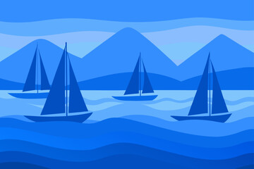 Sailboats sailing on the ocean with mountains