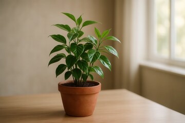A lush green plant thrives in a terracotta pot on a wooden table, basking in soft natural light filtering through the window