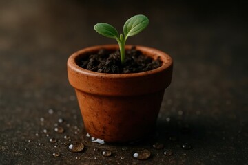 A young seedling sprouts from a terracotta pot on a textured surface, symbolizing growth and potential