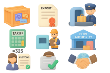 Logistics and customs icons in 3d style for international trade and transportation