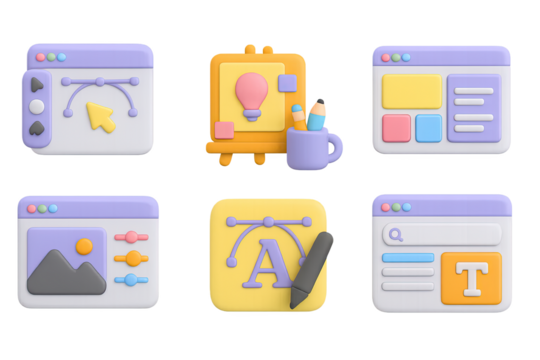 Creative design tools in 3d clay style for digital art and web development