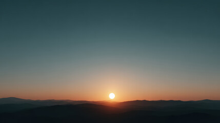 Fototapeta premium Serene sunrise over distant green mountain horizon with warm tones, peaceful and tranquil landscape view