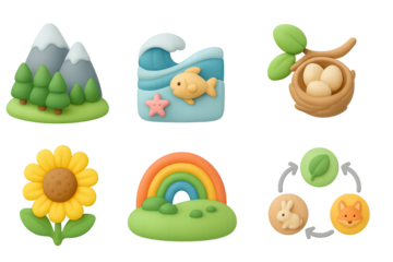 Cute 3d clay nature icons: mountains, ocean, nest, sunflower, rainbow, ecosystem
