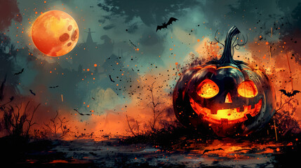 Glowing Jack O' Lanterns at night. Halloween Background