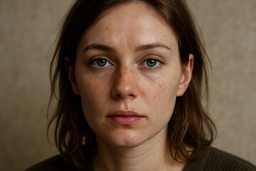 A young woman with freckles stands against a subtle patterned backdrop, her gaze steady and unwavering