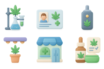 Glowing cannabis icons in 3d style depicting lab, id, products, dispensary, and plant