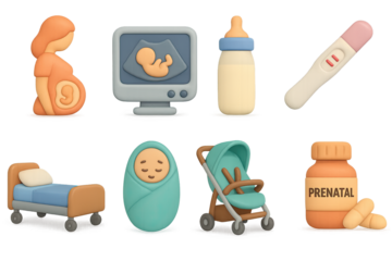 3d pregnant woman and baby essentials: ultrasound, stroller, prenatal