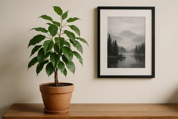 A serene potted plant graces a wooden table beside a monochrome landscape painting