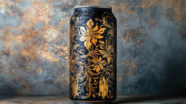Black beverage can with gold floral design on textured background