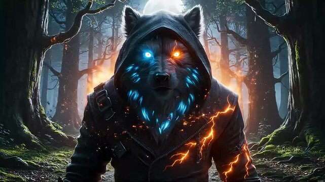 A mystical wolf figure in a hoodie stands amidst a fiery forest, showcasing elemental powers