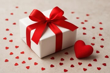 Obraz premium A heartfelt gift wrapped in pure white with a vibrant red ribbon, accompanied by a soft red heart, symbolizing love and celebration