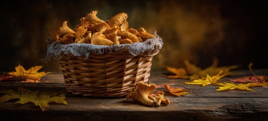 The basket overflowing with fresh chanterelle mushrooms in autumn scenery.