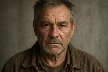 Obraz premium A seasoned man stands against a muted backdrop, his eyes reflecting years of wisdom and experience