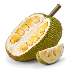 Obraz premium Jackfruit Lush Tropical Treasure with Textured Green Skin and Succulent Golden Pods Presented in Crisp, Radiant Detail on Pure White Background for Fresh Exotic Allure