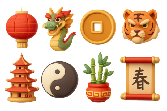 Traditional chinese symbols with 3d style: lantern, dragon, tiger, pagoda, yin yang, bamboo, and coin