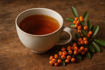 A cup of herbal tea accompanied by a branch of vibrant orange berries on a rustic wooden table