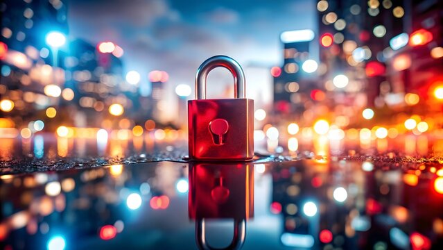 Secure cityscape with red padlock and bokeh lights