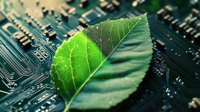 Green leaf on electronic circuit board symbolizing eco-friendly technology integration