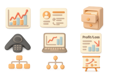 3d business icons: data analysis and organization elements with modern charts