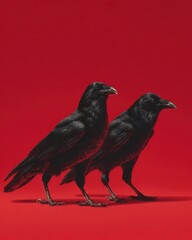 Obraz premium Red and black ravens, walking in step side on, engraving style, scarle
