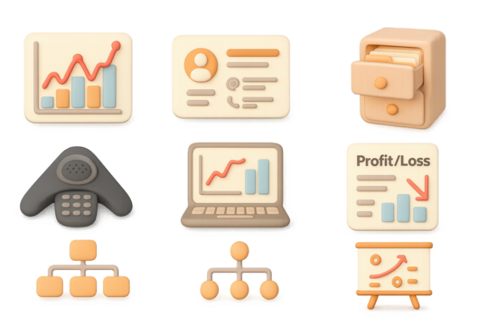 3d business icons: data analysis and organization elements with modern charts