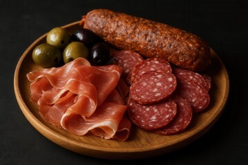 An elegant assortment of cured meats and olives on a rustic wooden plate, ready to be savored