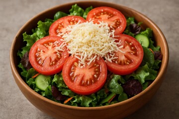 Freshly prepared salad with vibrant red tomatoes, creamy cheese, and a medley of mixed greens, showcasing a healthy and appetizing dish
