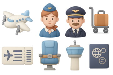 3d icon set: aviation crew and travel essentials in soft pastel tones