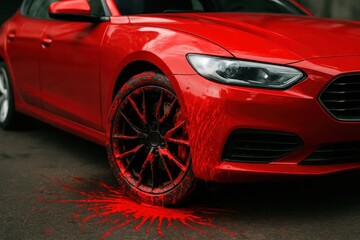 A vibrant red sports car stands out with a striking splash of red paint on its side, hinting at recent customization or perhaps an artistic expression