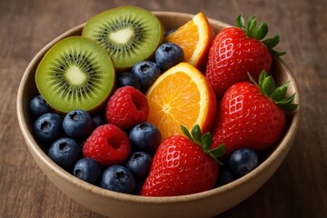 Obraz premium juicy strawberries, ripe blueberries, succulent kiwi slices, and zesty orange segments, all nestled in a rustic wooden bowl