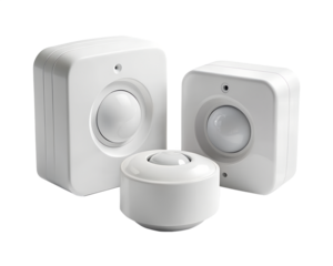 Three white motion sensors for home security isolated on transparent background