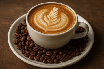 An inviting cup of coffee with a latte art design rests on a saucer, accompanied by a scattering of freshly ground beans, evoking the aroma and warmth of a cozy morning