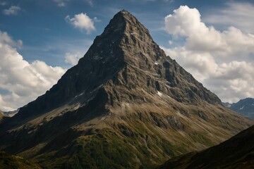 A solitary mountain peak stands tall against a backdrop of dramatic clouds, embodying the raw beauty and majesty of nature