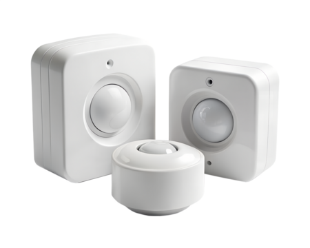 Three white motion sensors for home security isolated on transparent background
