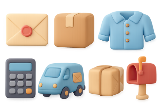 Colorful 3d icons of delivery, communication, and office essentials