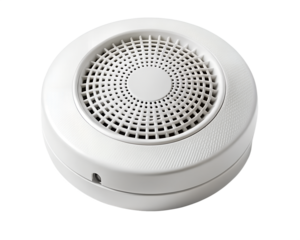 Round white smoke detector alarm sensor for fire safety and security, isolated on transparent background