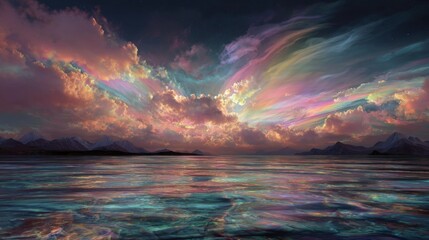 Surreal Rainbow Clouds Over Crystal Ocean with Vibrant Colors and Dreamlike Atmosphere