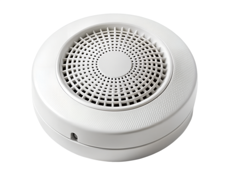 Round white smoke detector alarm sensor for fire safety and security, isolated on transparent background
