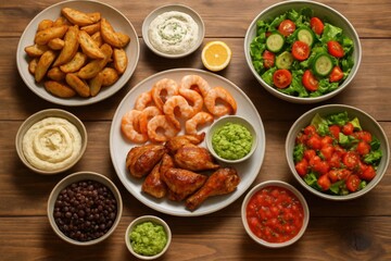 A variety of dishes from shrimp and chicken to salads and dips, all arranged on a rustic wooden table