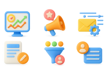 Vibrant 3d marketing concepts with digital strategy and analytics symbols