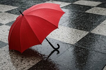 A solitary red umbrella stands out against a monochrome backdrop of rain-soaked tiles, symbolizing hope amidst the gloom