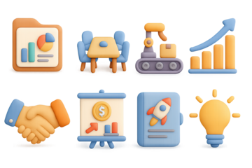 Business and innovation icons in 3d style for finance and technology themes
