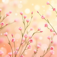 a soft, dreamy illustration of delicate pink flowers with a few closed buds, gracefully scattered across thin, green stems