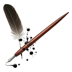 Illustration of antique quill pen with ink spills isolated on transparent background