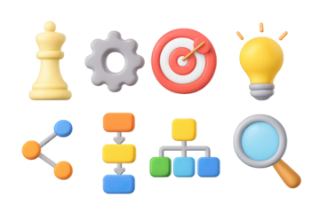 Colorful 3d icons of strategy and innovation on dark gradient background